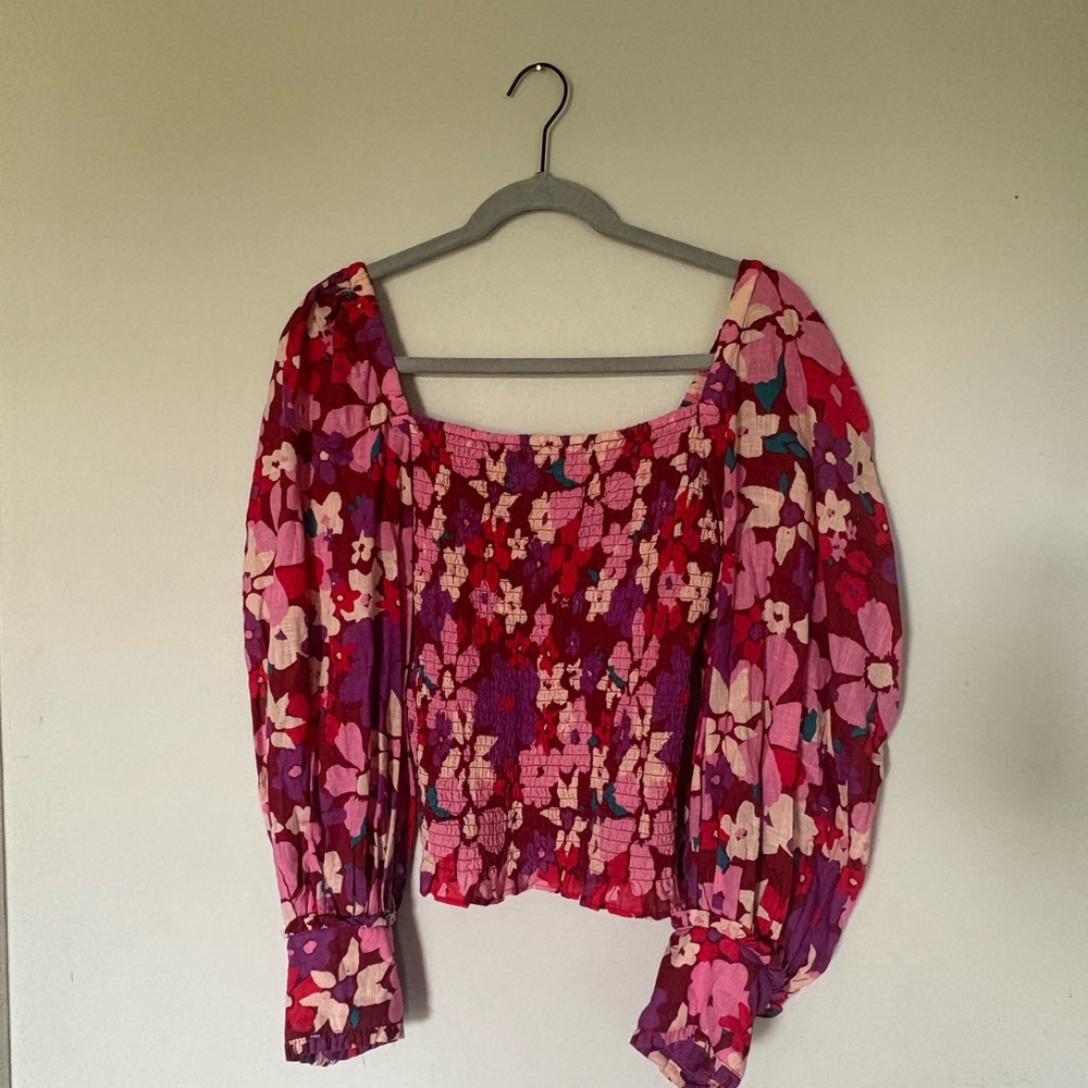 Free People Red Smocked 3/4 Sleeve Blouse